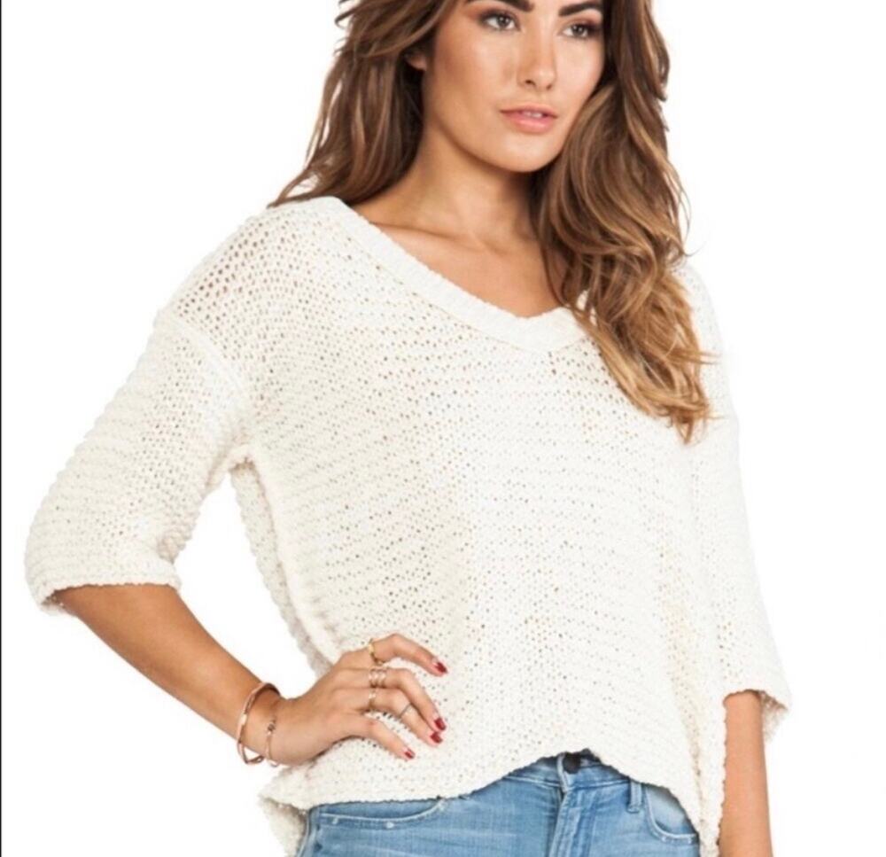 Free People Park Slope Sweater V-Neck 3/4 Sleeve Open-Knit XS